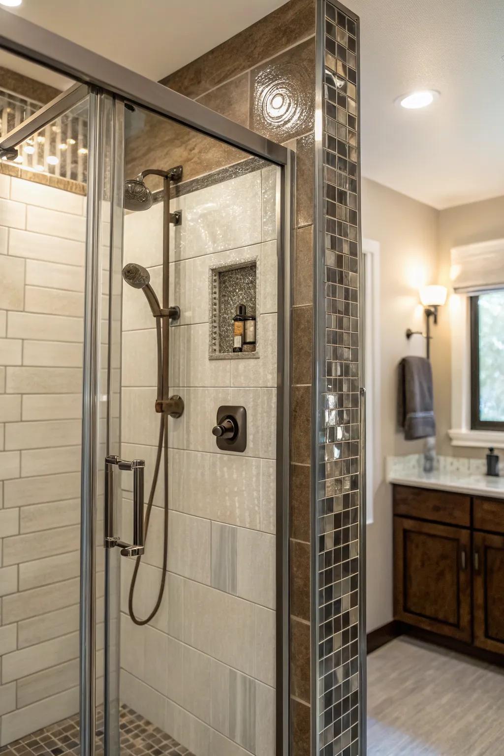 Gleaming accents append glamour and sophistication to your shower.