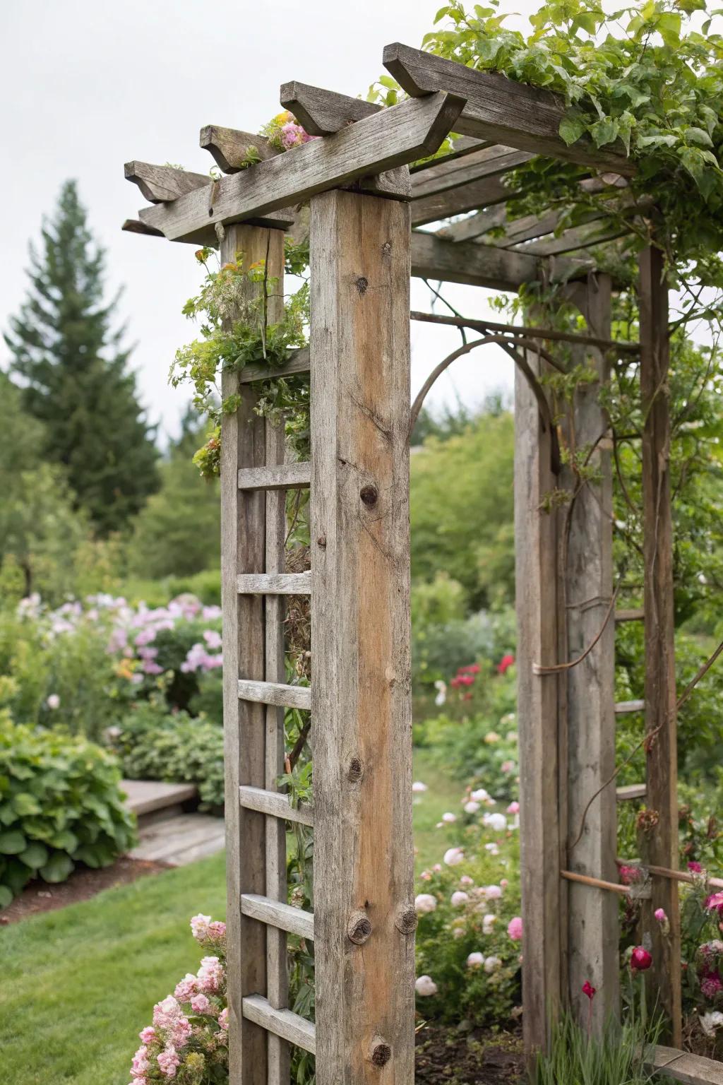 A sustainable trellis meticulously fashioned from repurposed lumber.