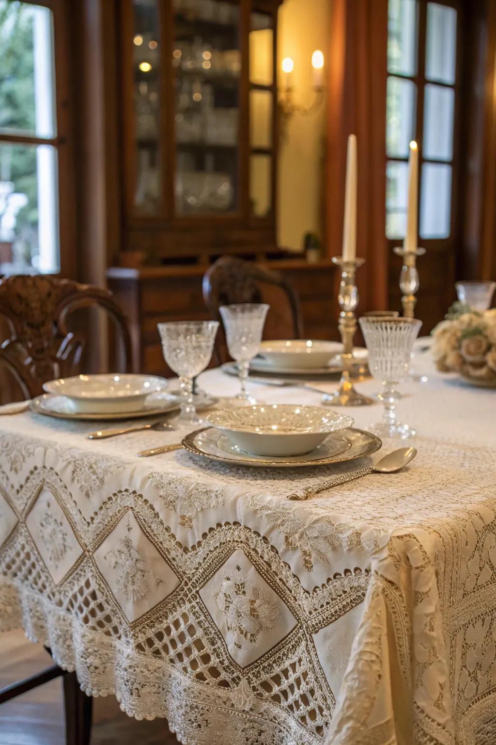 Antiquarian threadwork coverings introduce timeless sophistication to your dining table.