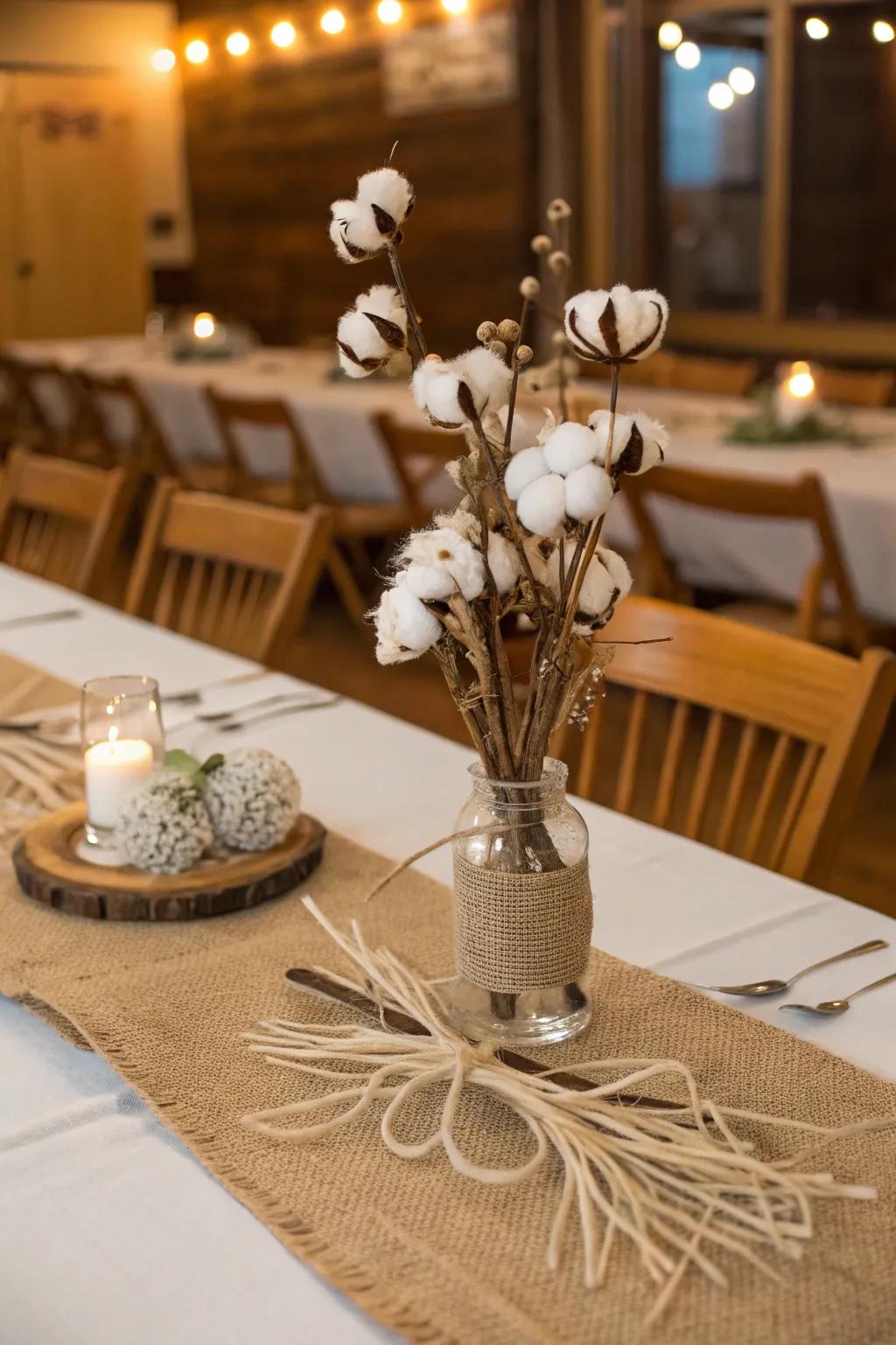 Rustic elegance created with twine, burlap, and cotton.