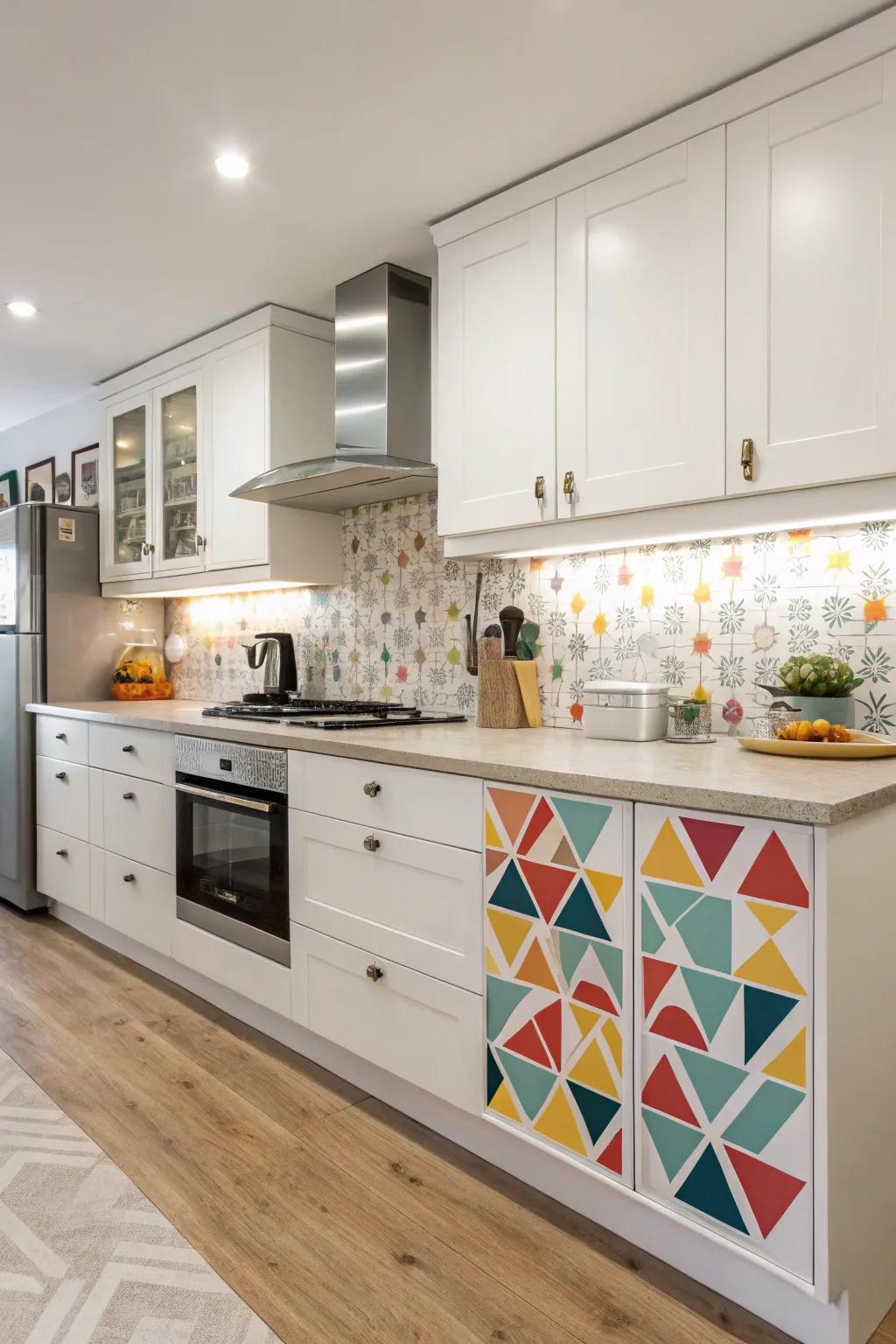 Playful geometric patterns on end treatments for a lively kitchen atmosphere.