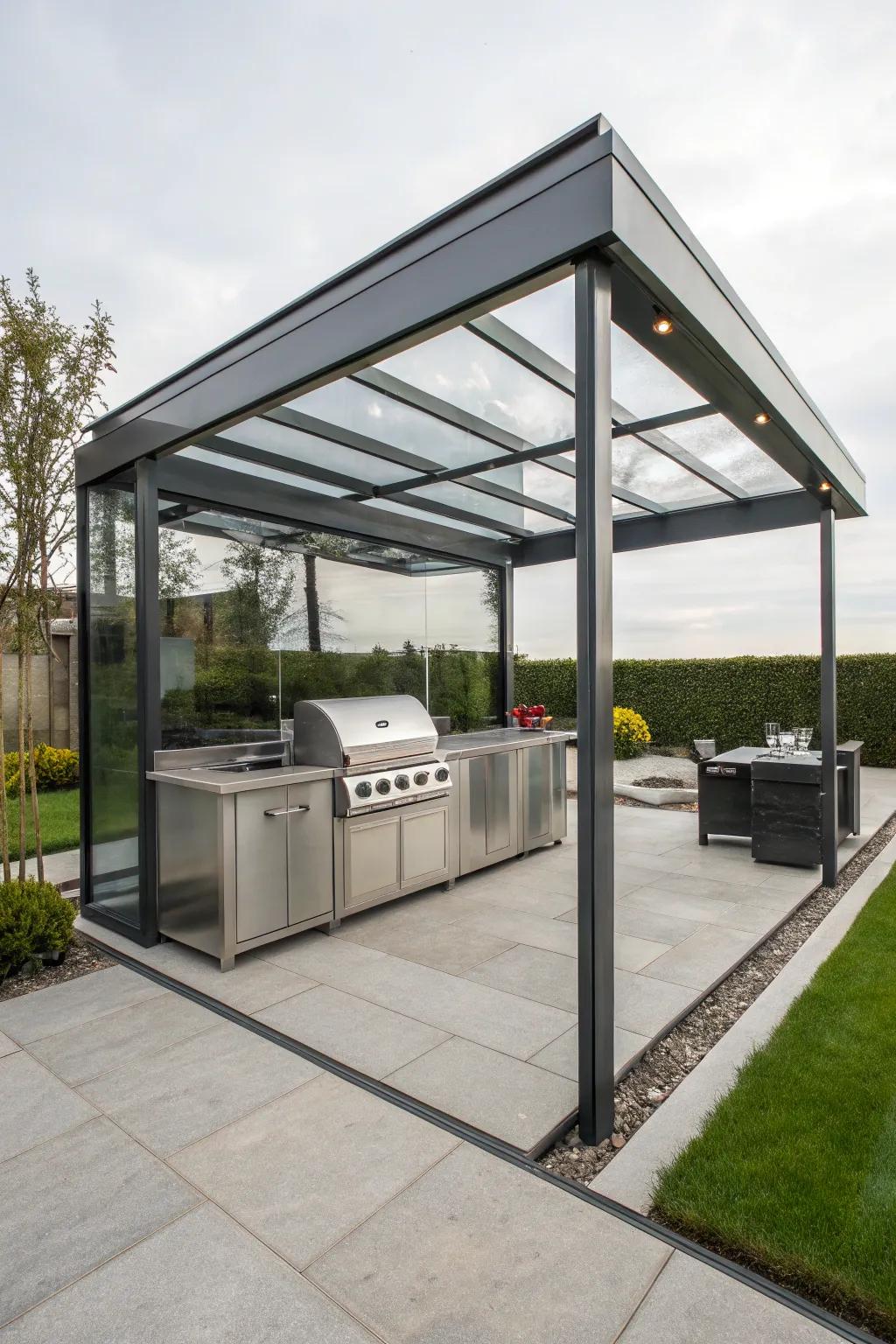 A metallic and glass bandstand offering a modern, sleek grilling space.