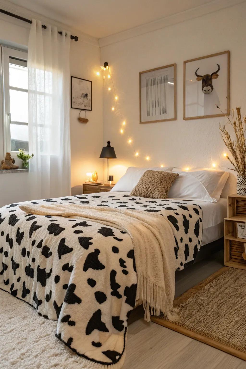 A wild animal pattern blanket adds warmth and style to any bedroom.