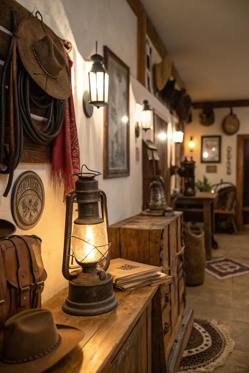 Vintage lanterns inject authentic unrefined charm.