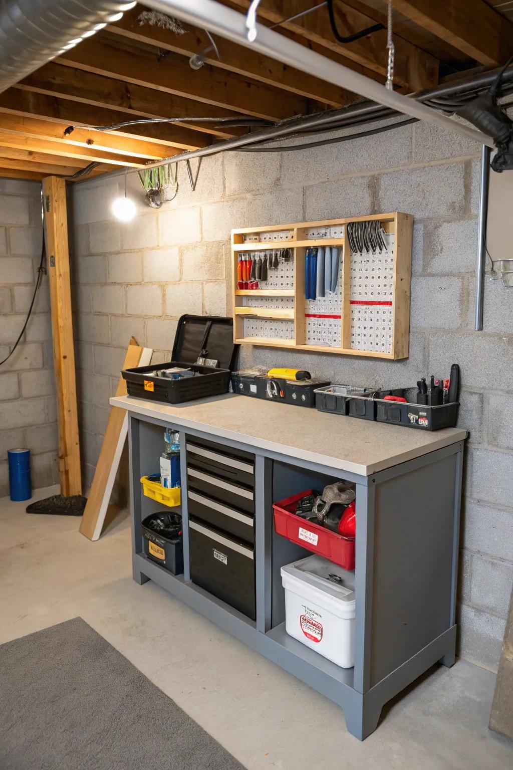 A small workbench can change your underhouse area into a practical workshop.