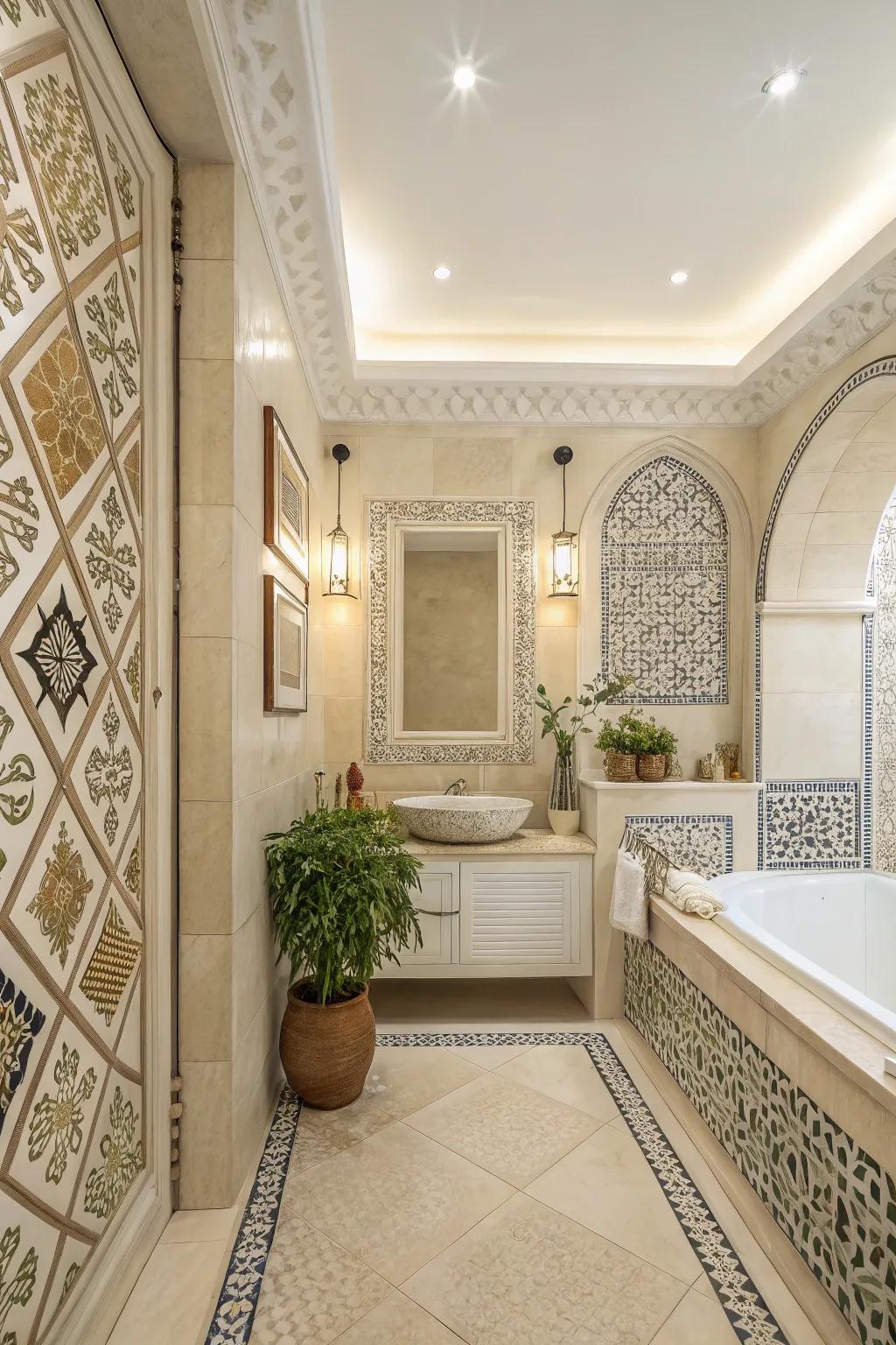 Geometrical patterns append a contemporary advantage to this cream bathroom.