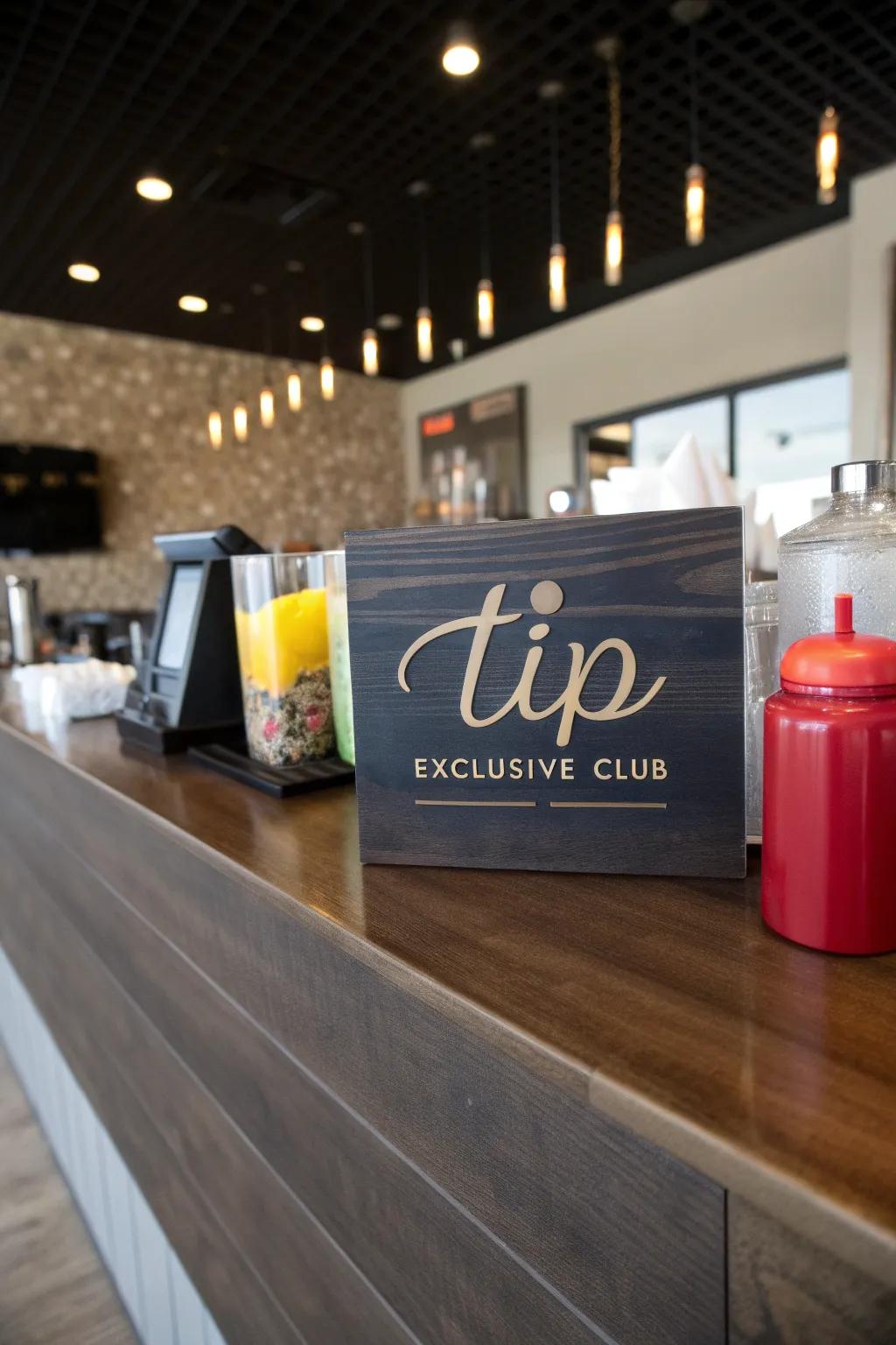 A tip vessel soliciting patrons to enroll in an exclusive association