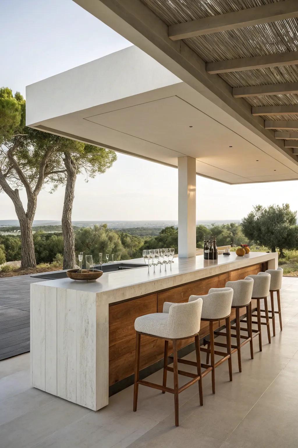 A minimalist design yields a tranquil outdoor bar setting.