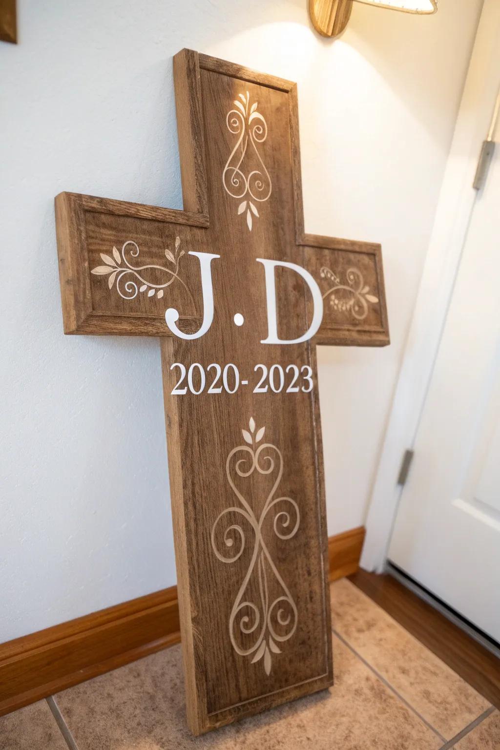 A personalized cross imparting a heartfelt element to decor.