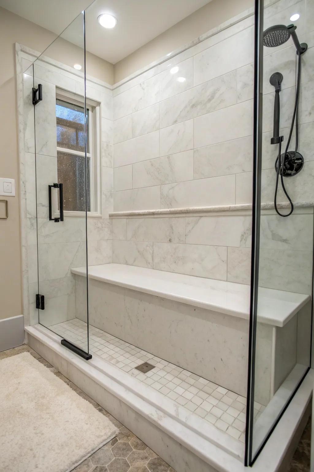 A shower bench appends practicality to refined composite showers.