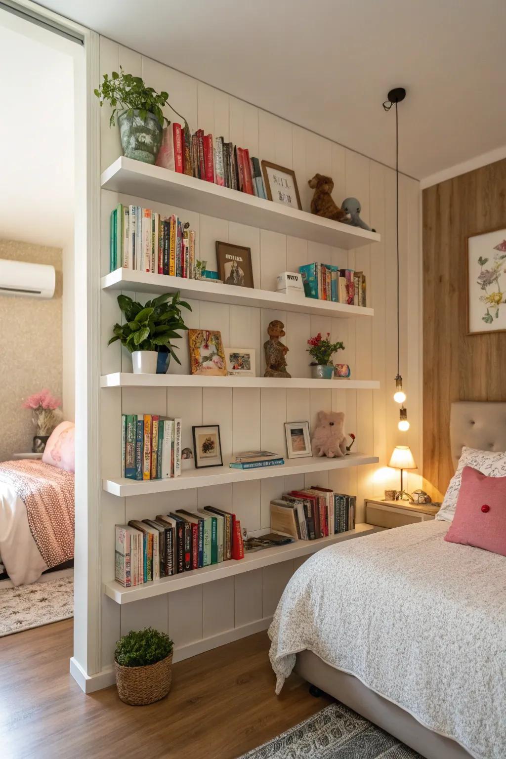 Vertical stowage solutions maintain the room organized and spacious.