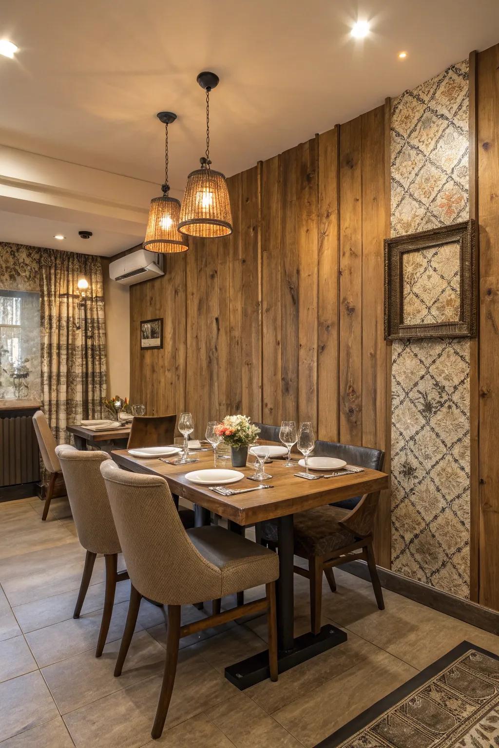 A meal area featuring weathered wood texture wall covering, crafting a cozy ambiance.