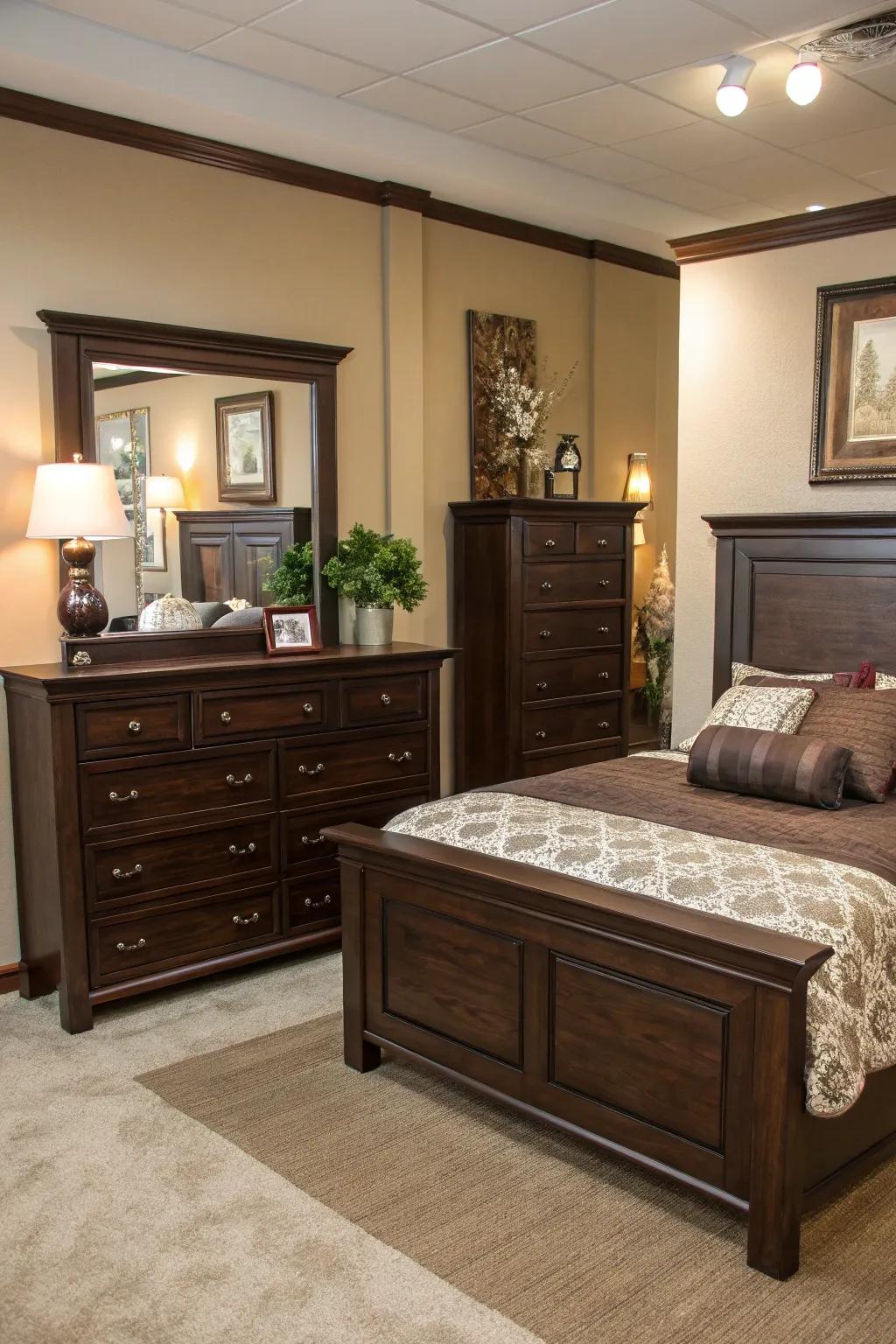 Reflectors enhance light and ambiance, highlighting deep brown furniture.