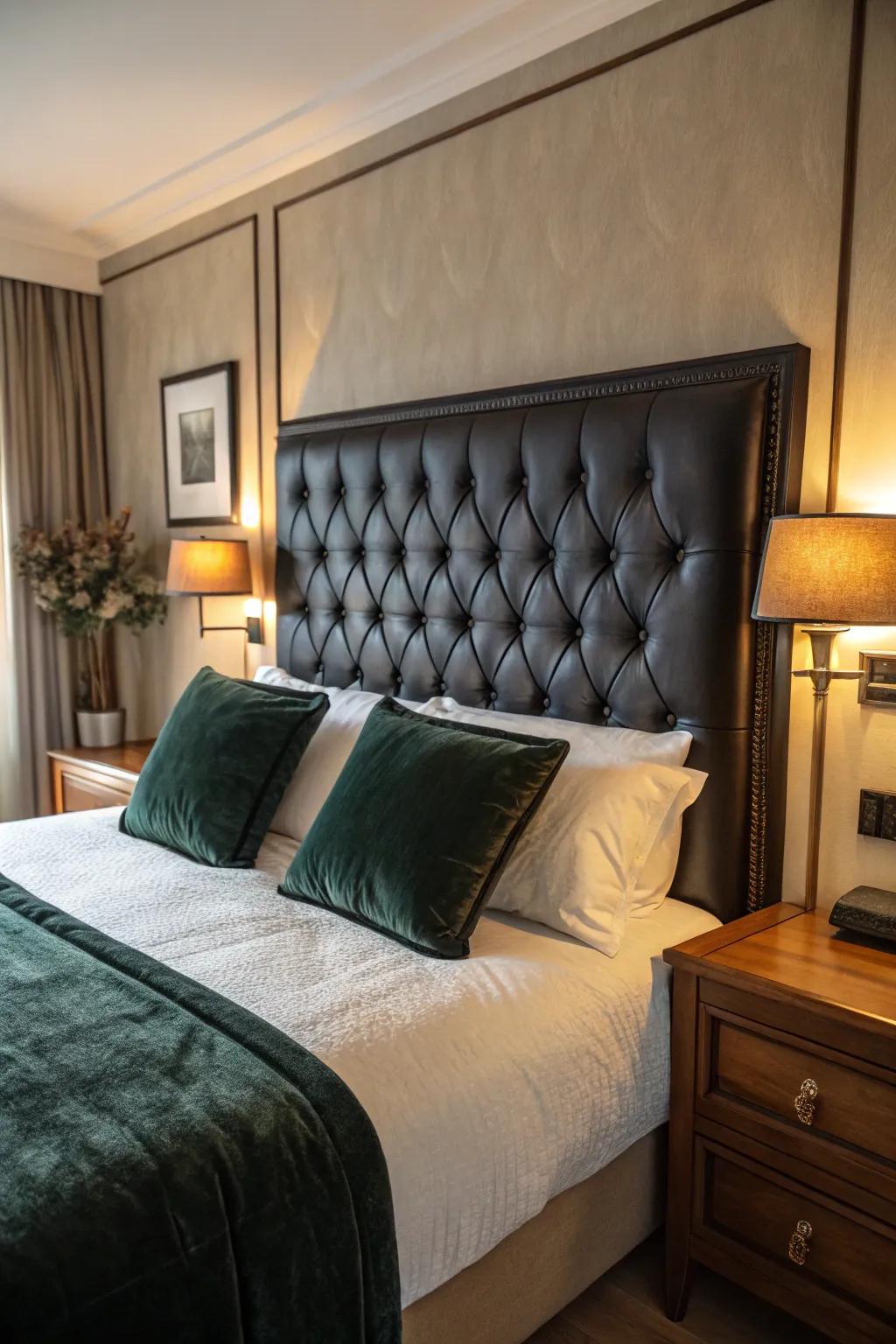 An ebony leather headboard imparts sophistication to the chamber.