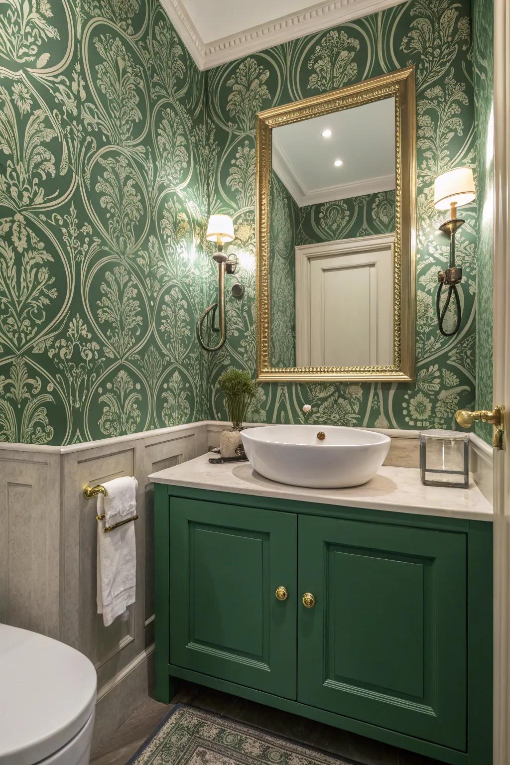 Complex green wallpaper introduces texture and refinement.