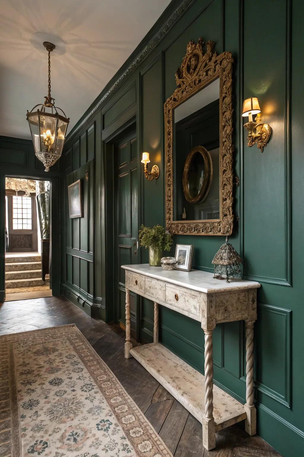 Vintage touches inject charm into this hallway in dark green.
