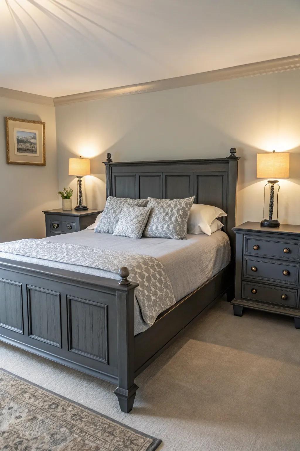 Symmetry brings balance and tranquility to a grey-themed bedroom.