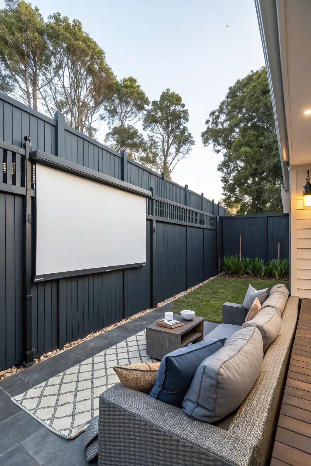 An outdoor entertainment zone with a charcoal-toned fence and a projector screen for movies.