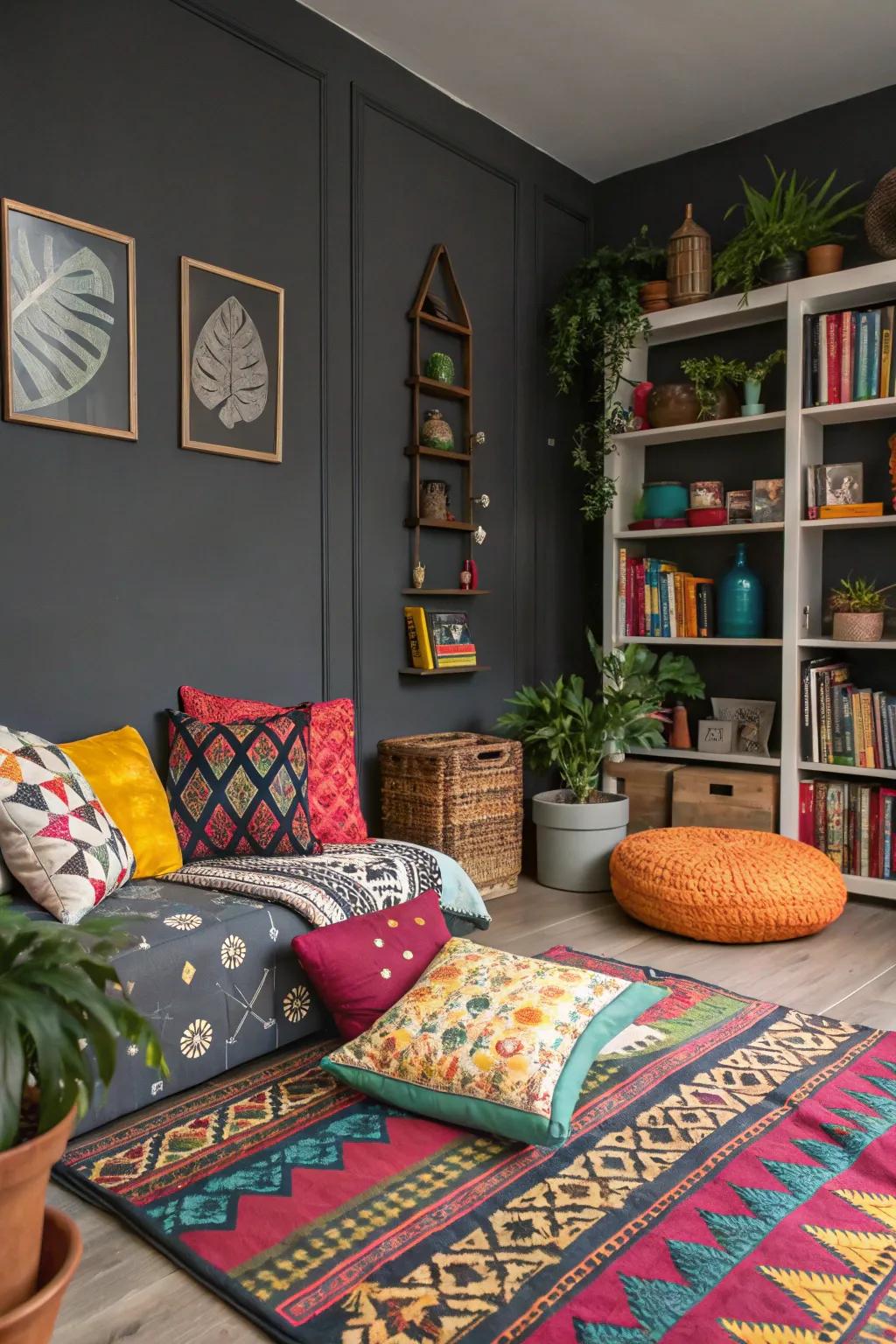 Patterns bringing energy and movement to a grey room.