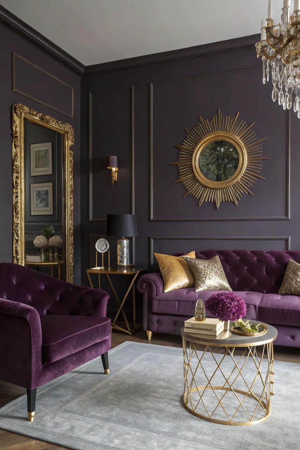 Gilded metallic accents introduce glamour and sophistication to this deep violet living area.