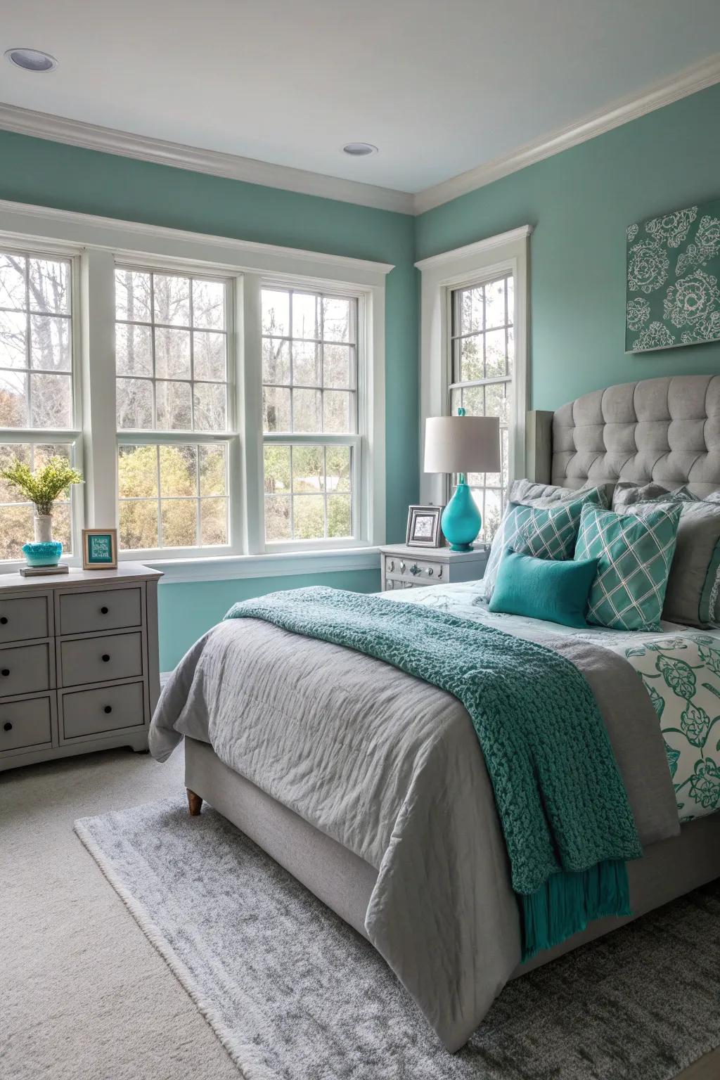 Natural lighting improves the calming qualities of teal and grey.