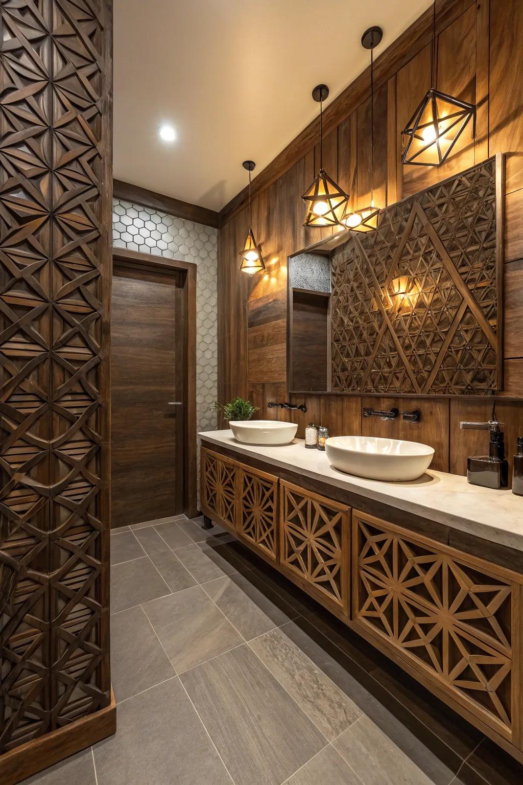 Geometric motifs introduce a modern edge to the deep wood design.