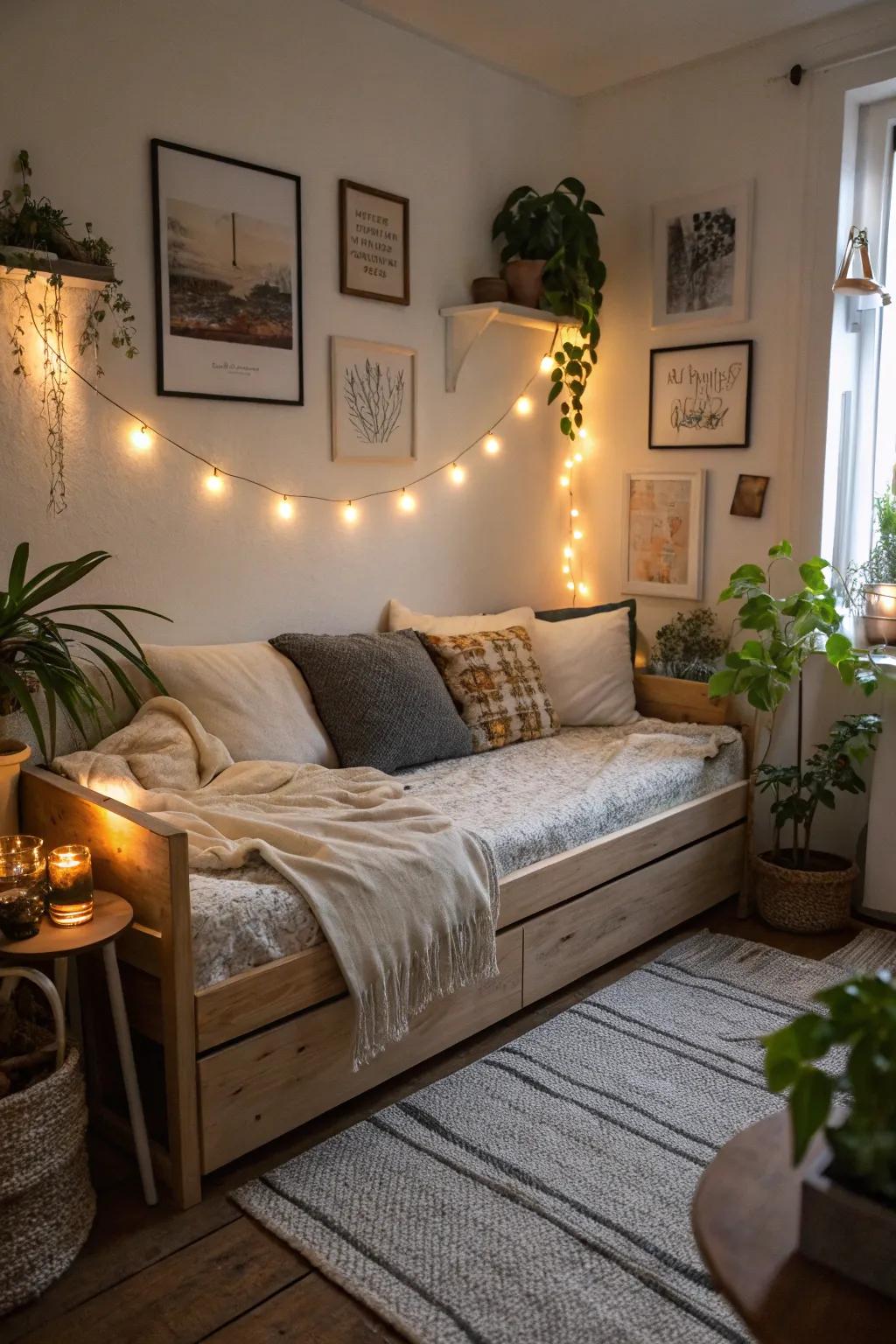 Elevate your daybed setup using integrated lighting solutions.