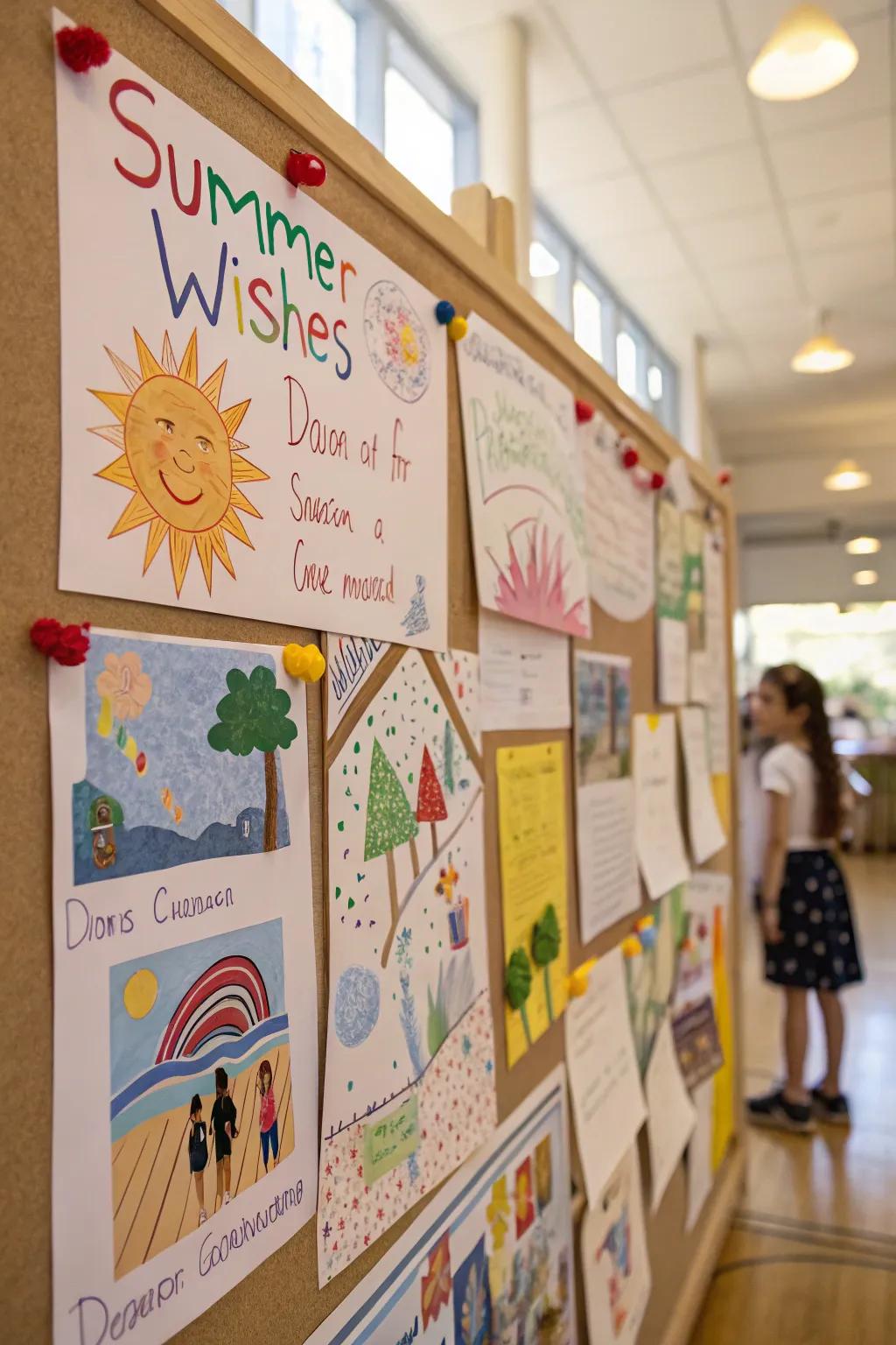 Summer Fantasies bulletin board suffused with children's ambitions.