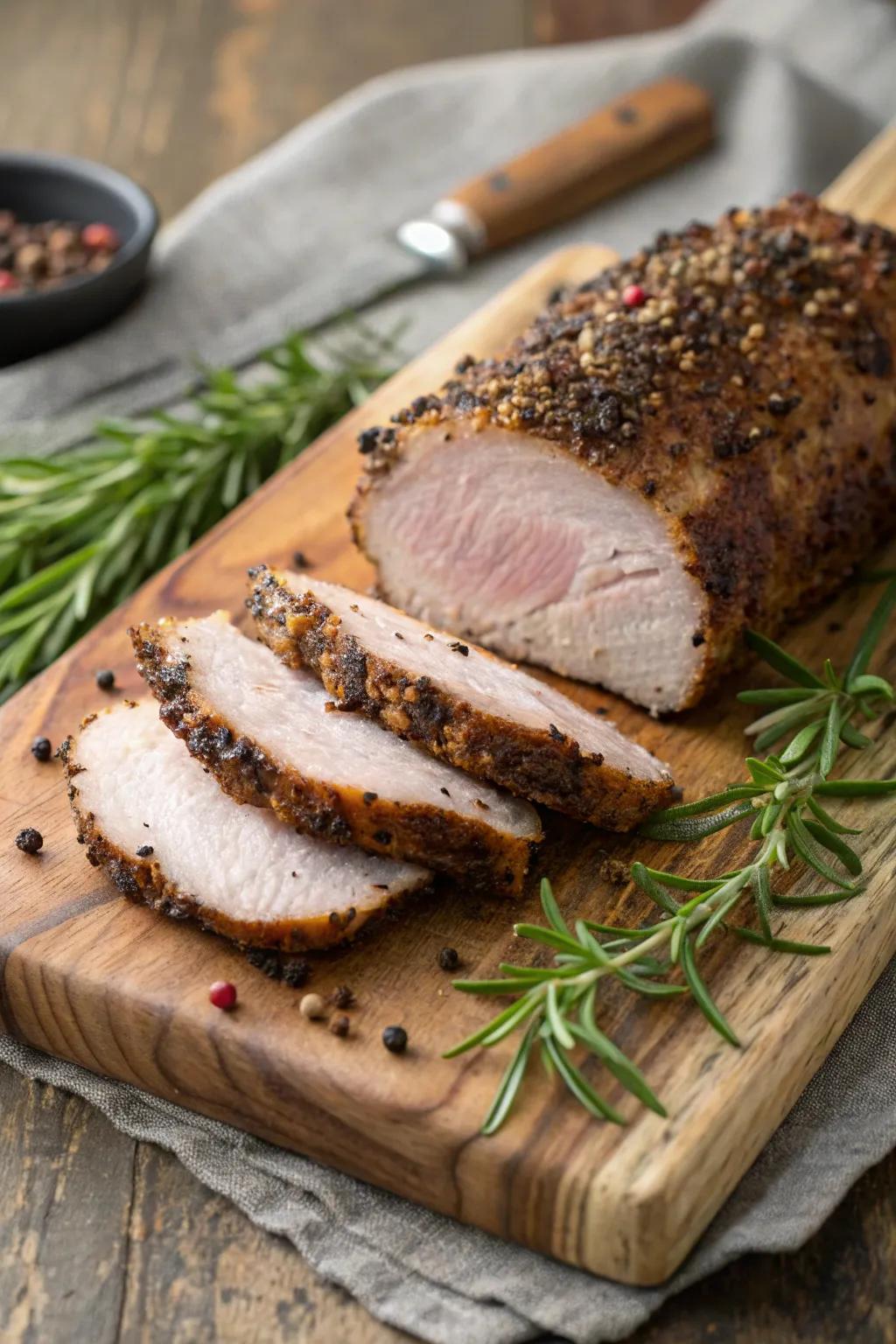Peppercorn-crusted pork loin, a flavorful and substantial December dish.