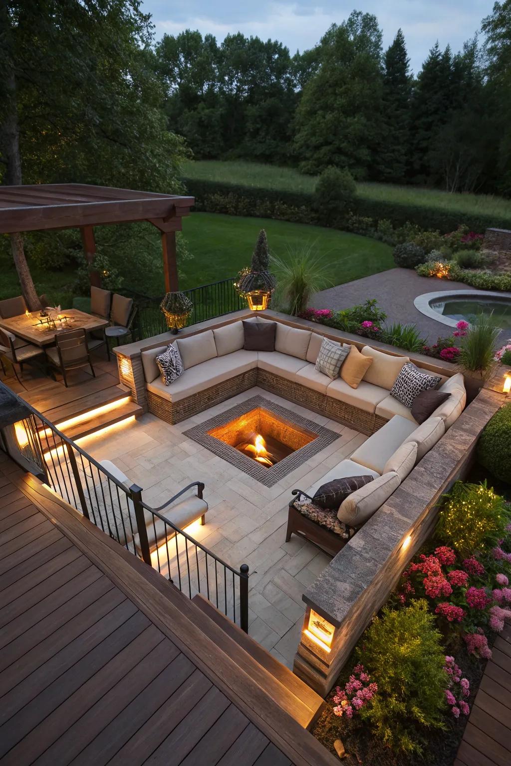 A submerged dialogue alcove presents a cozy nook for intimate gatherings.