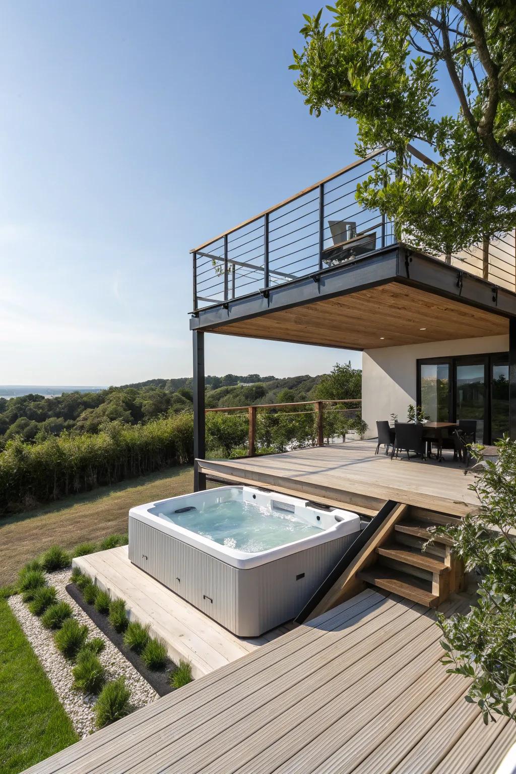 A floating deck is great for a modern hot tub.