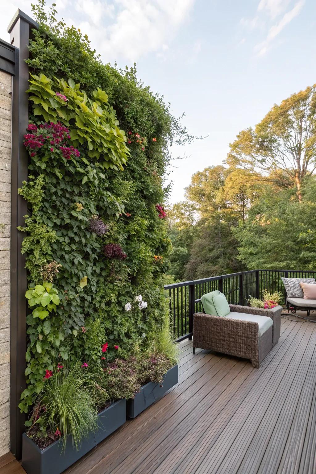 An upright garden furnishing a vibrant, verdant seclusion partition.