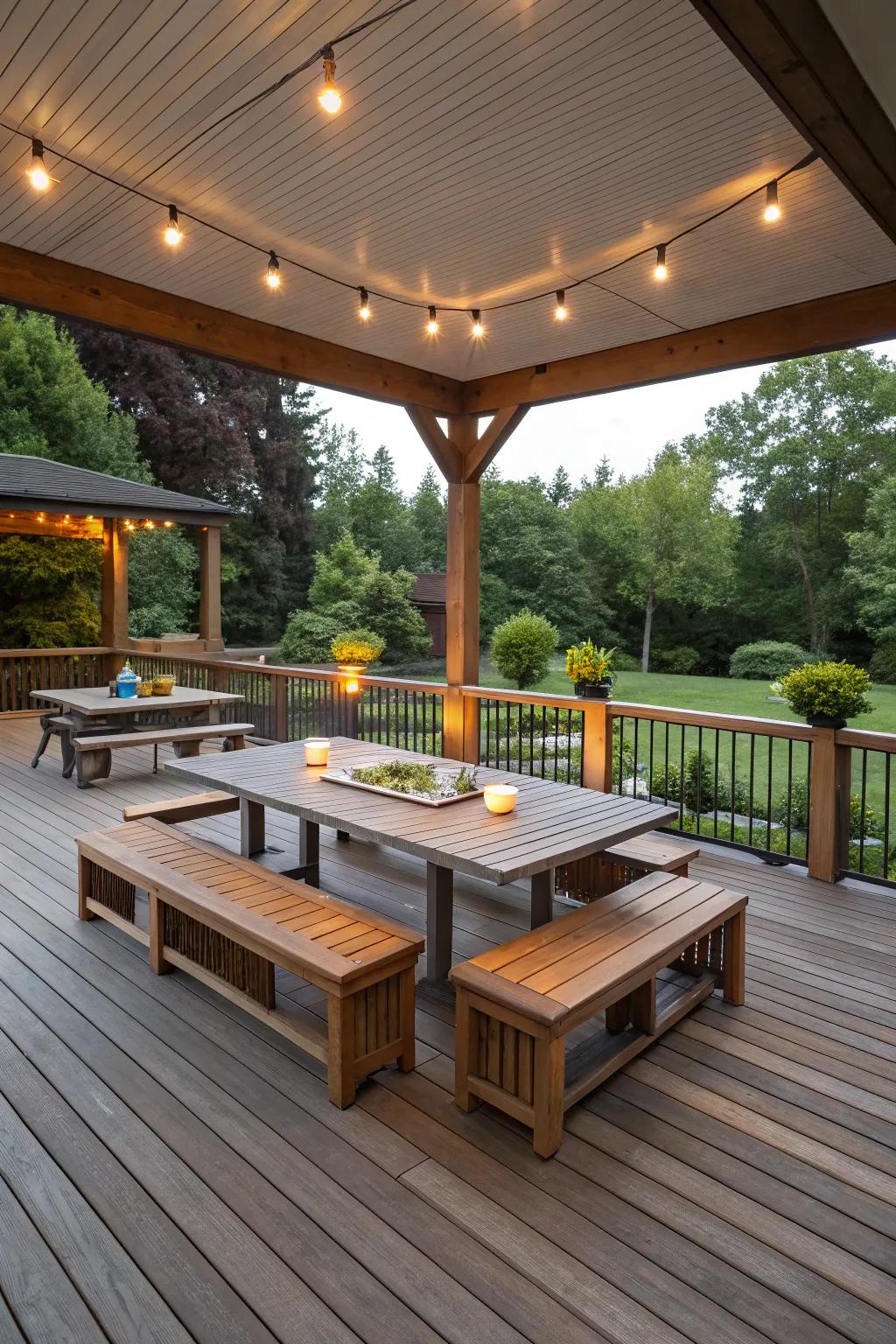 U-shaped benches create a welcoming space for socializing.