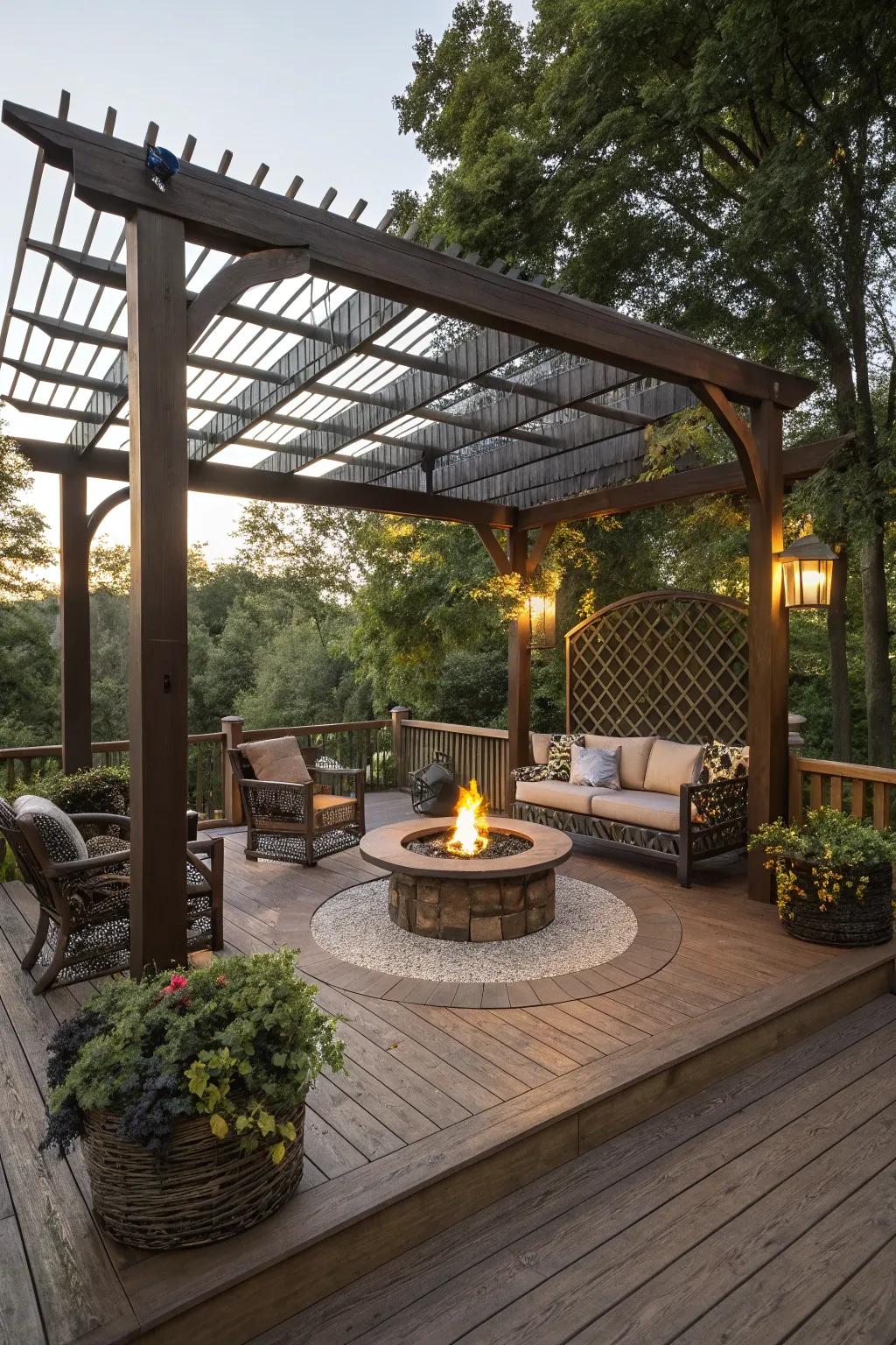 A pergola featuring a bonfire pit, ideal for cozy outdoor gatherings.