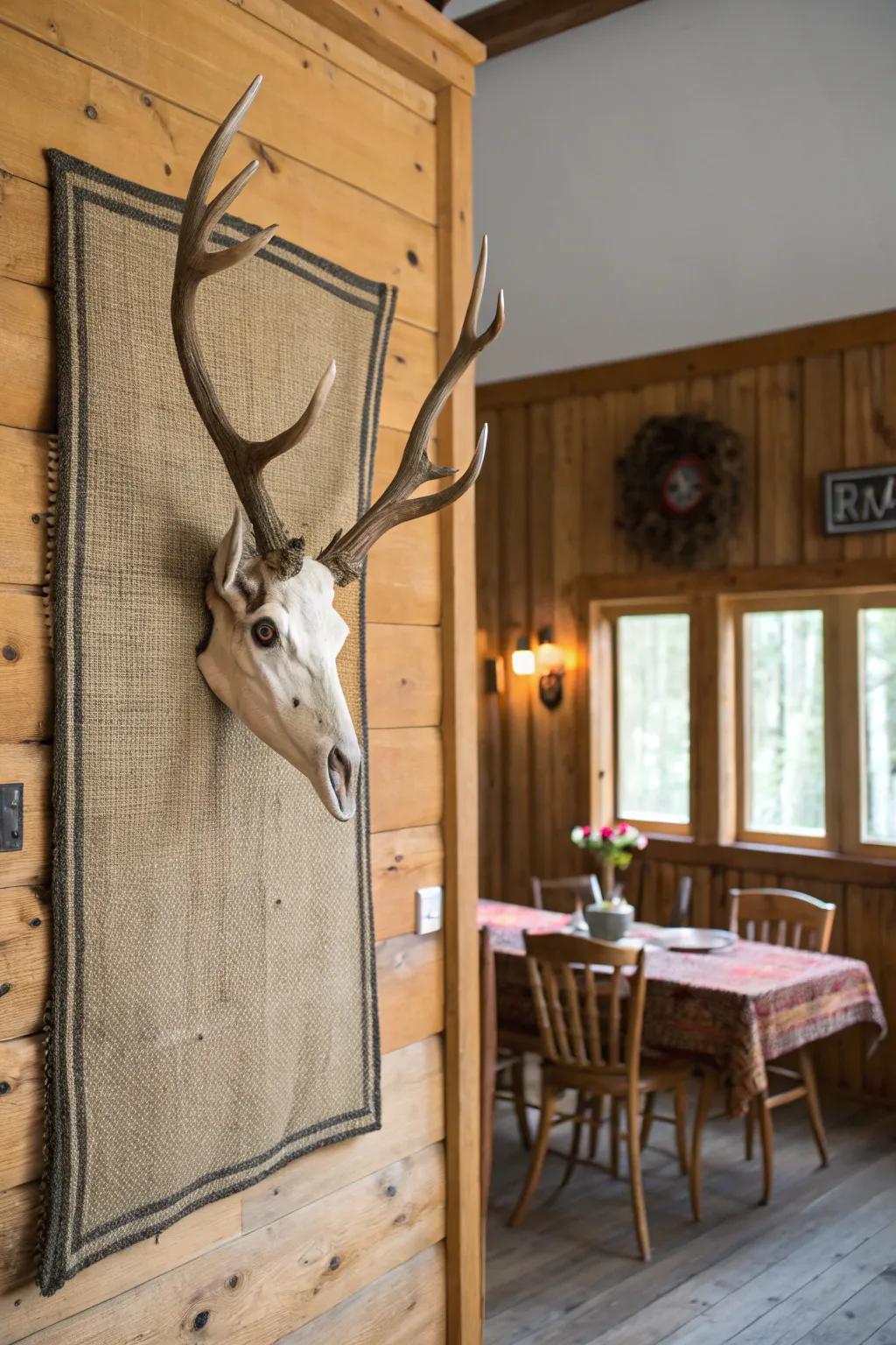 A textured fabric foundation adds country charm to a deer skull display.