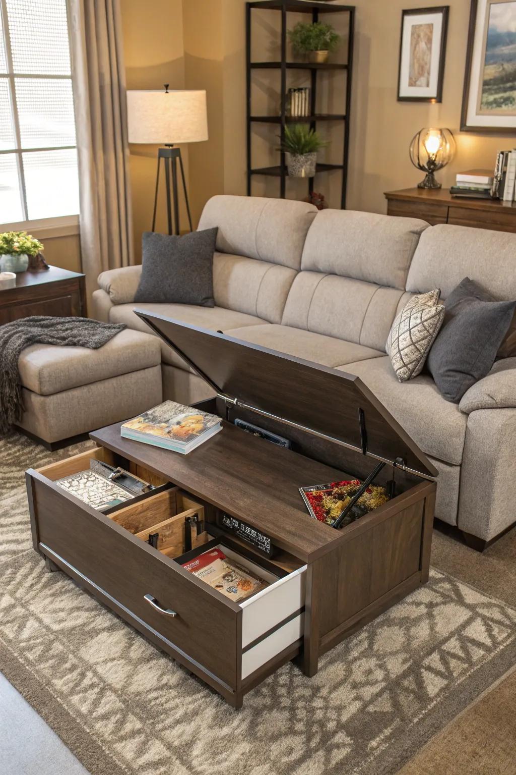 Multi-use furniture maximizes space and design.