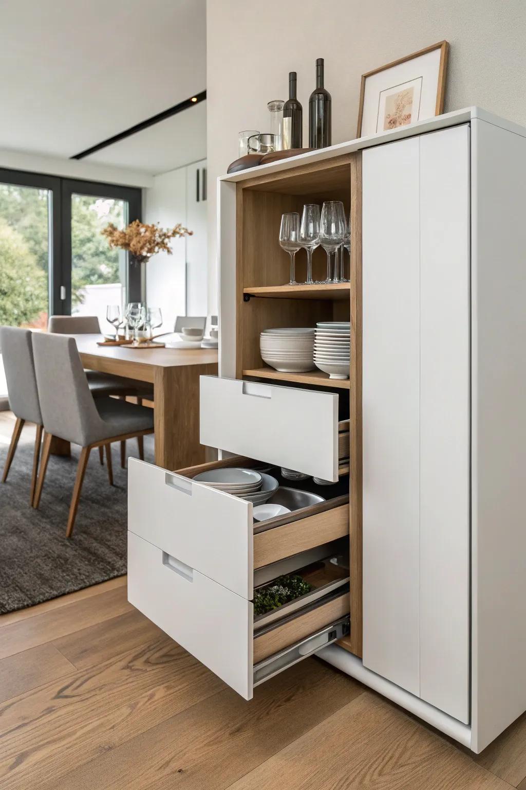 Hidden storage compartments offer a smart and orderly solution.