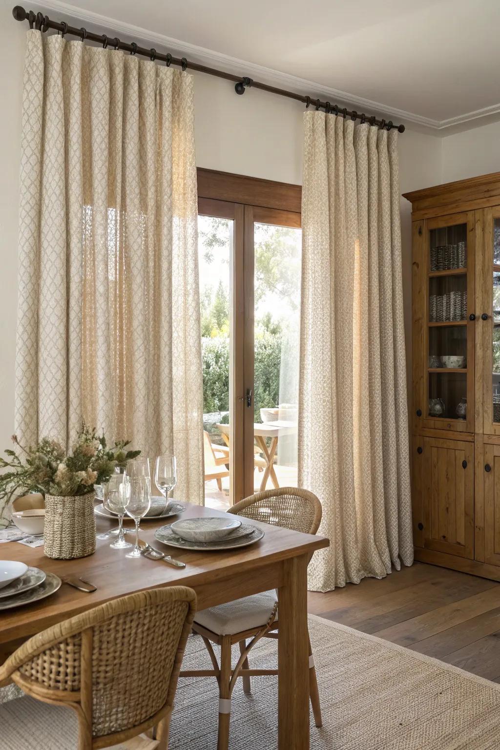 Woven texture curtains for a natural dining room vibe.
