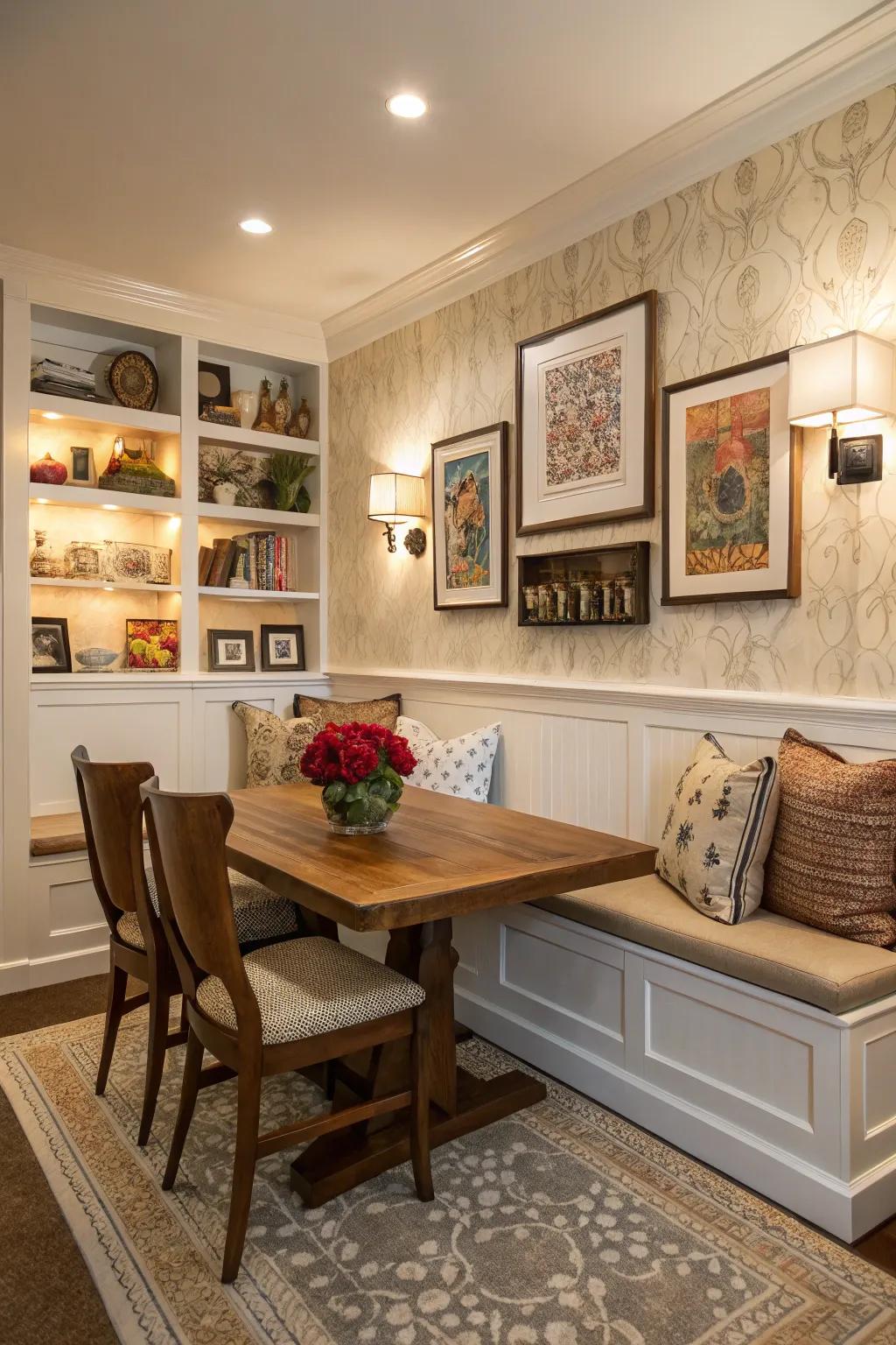 Integrated seating cultivates a snug and intimate dining ambiance.