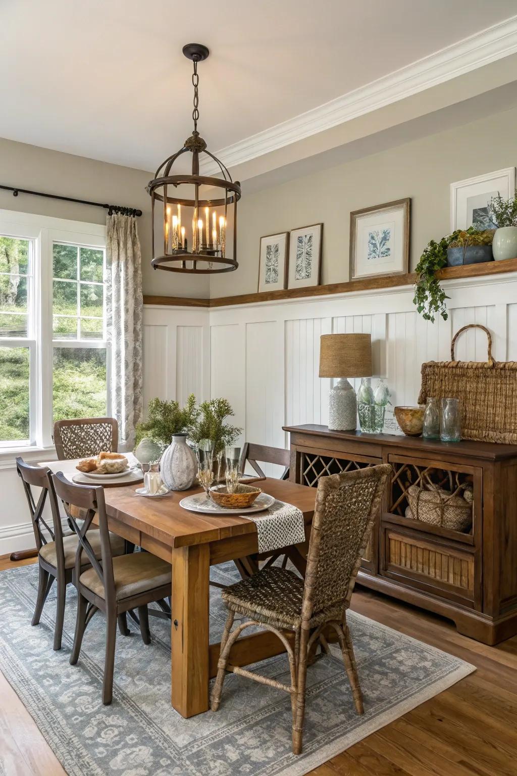 Rustic timber paneling injects warmth and texture.