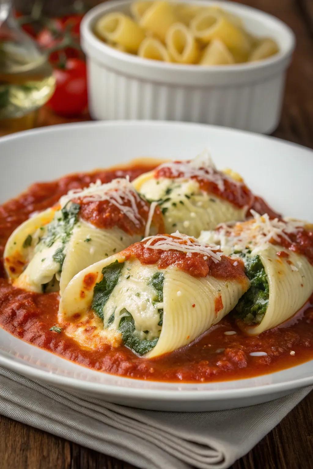 Spinach and cheese filled shells featuring marinara essence.