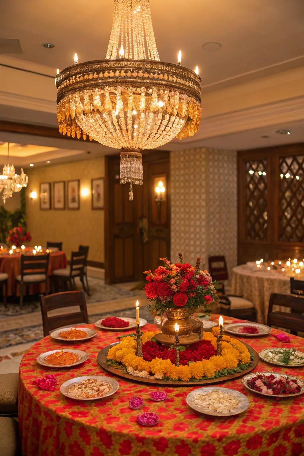 A chandelier introduces opulence and grandeur.