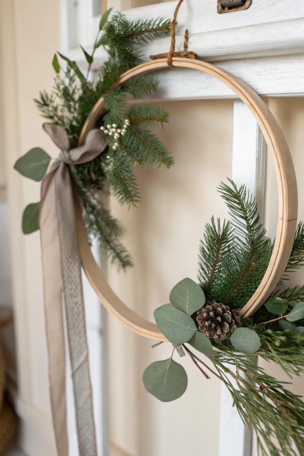 Embrace the inherent allure of simplicity through this DIY understated circular wreath, impeccably tailored for introducing a whisper of organic elegance to your holiday aesthetic.
