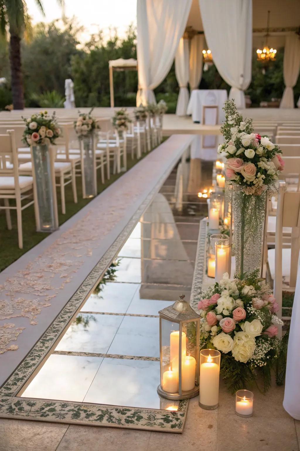 A mirror aisle runner introduces a distinctive and reflective element.