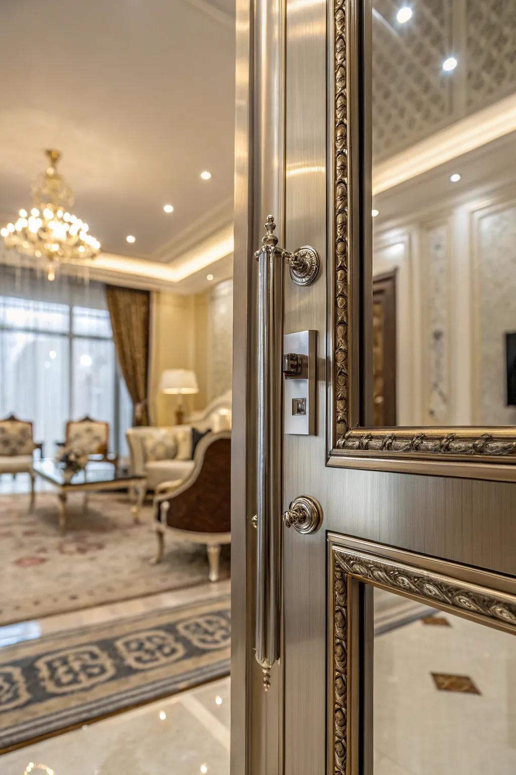 Metallic accents on door trim impart understated luxury to this graceful chamber.