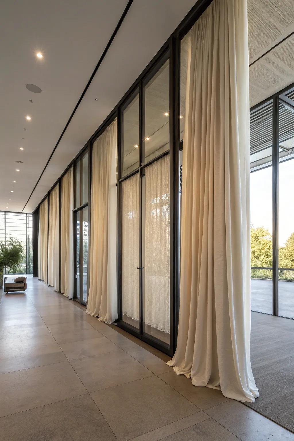 Construct gentle partitions via sliding fabric panels.