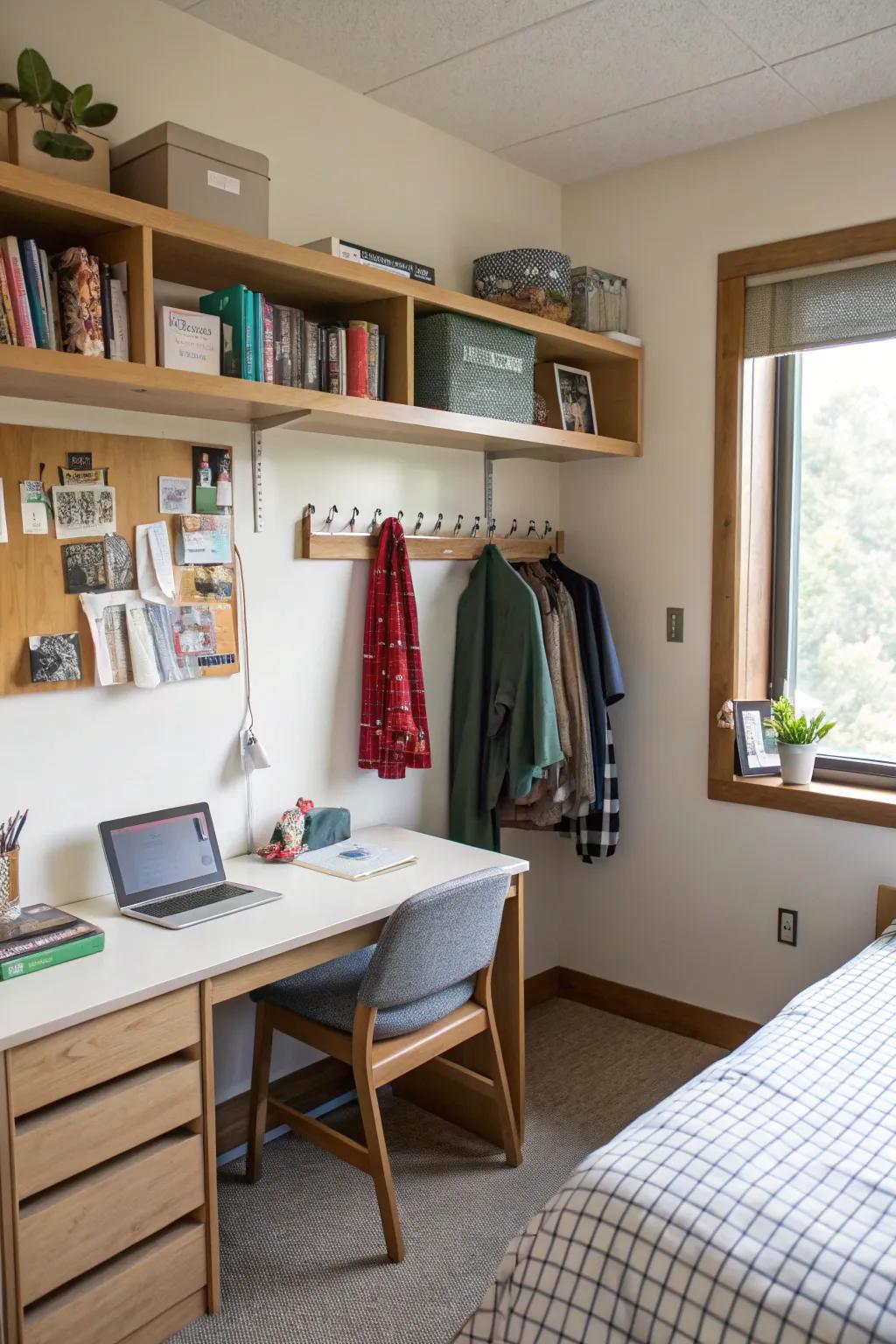 Elevated storage in a university residence, optimizing space utilization.