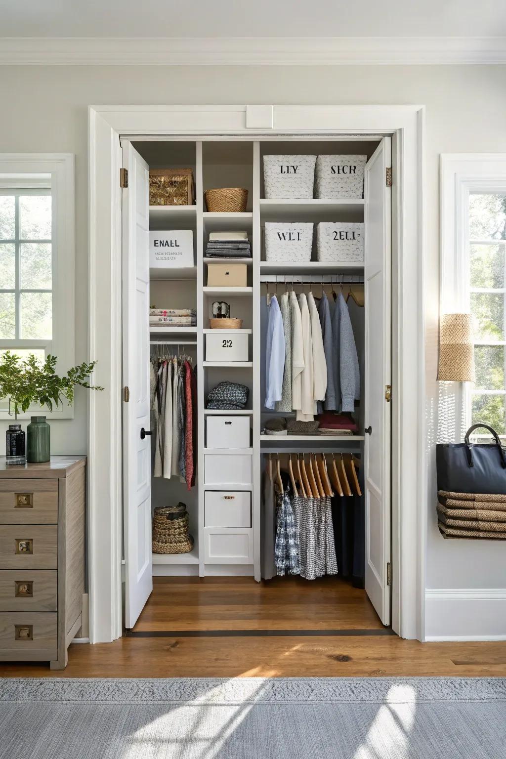 Personalized labeling in a double closet ensures everything is in its allocated spot.