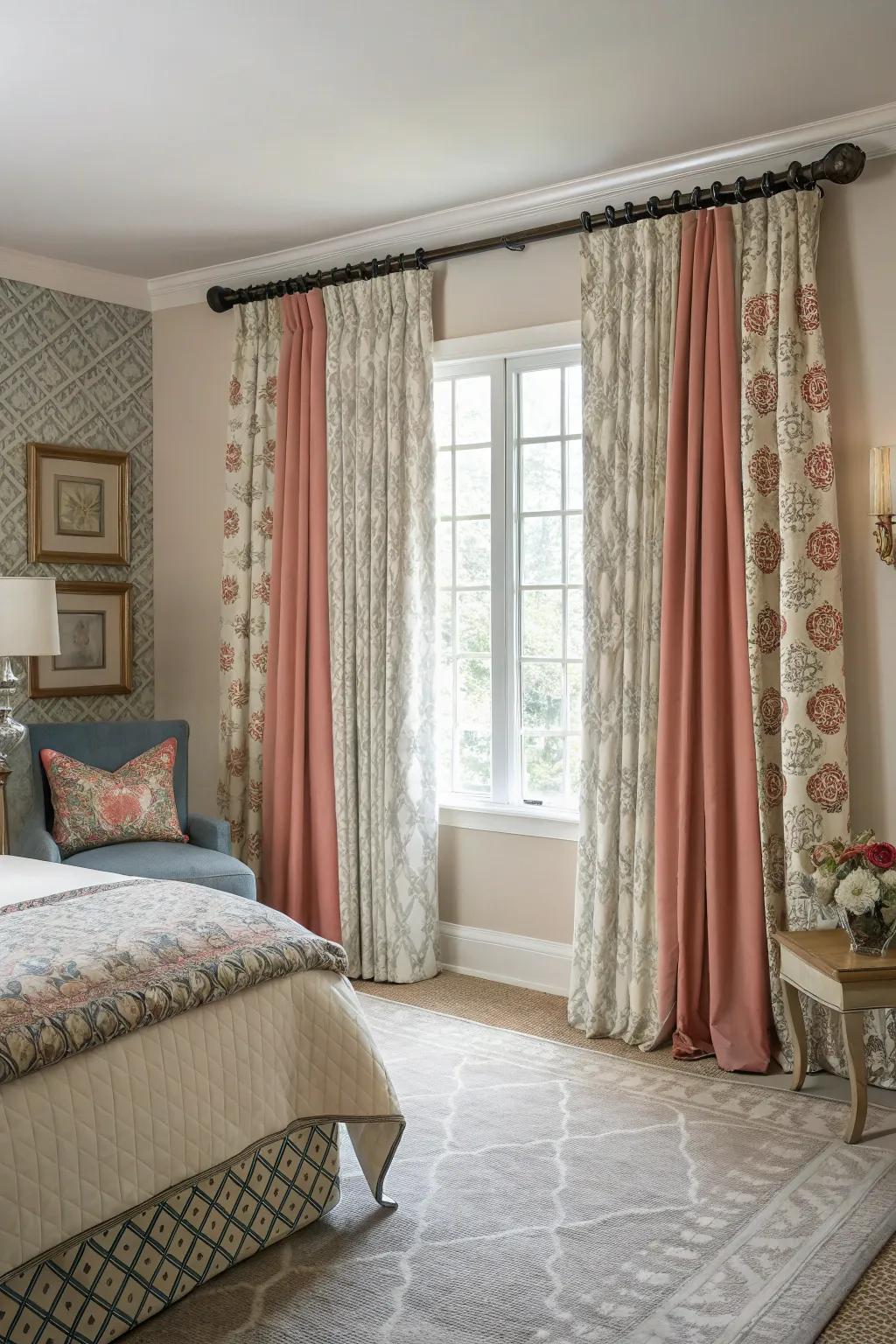 The combination of patterns and solids yields a playful yet refined aesthetic.