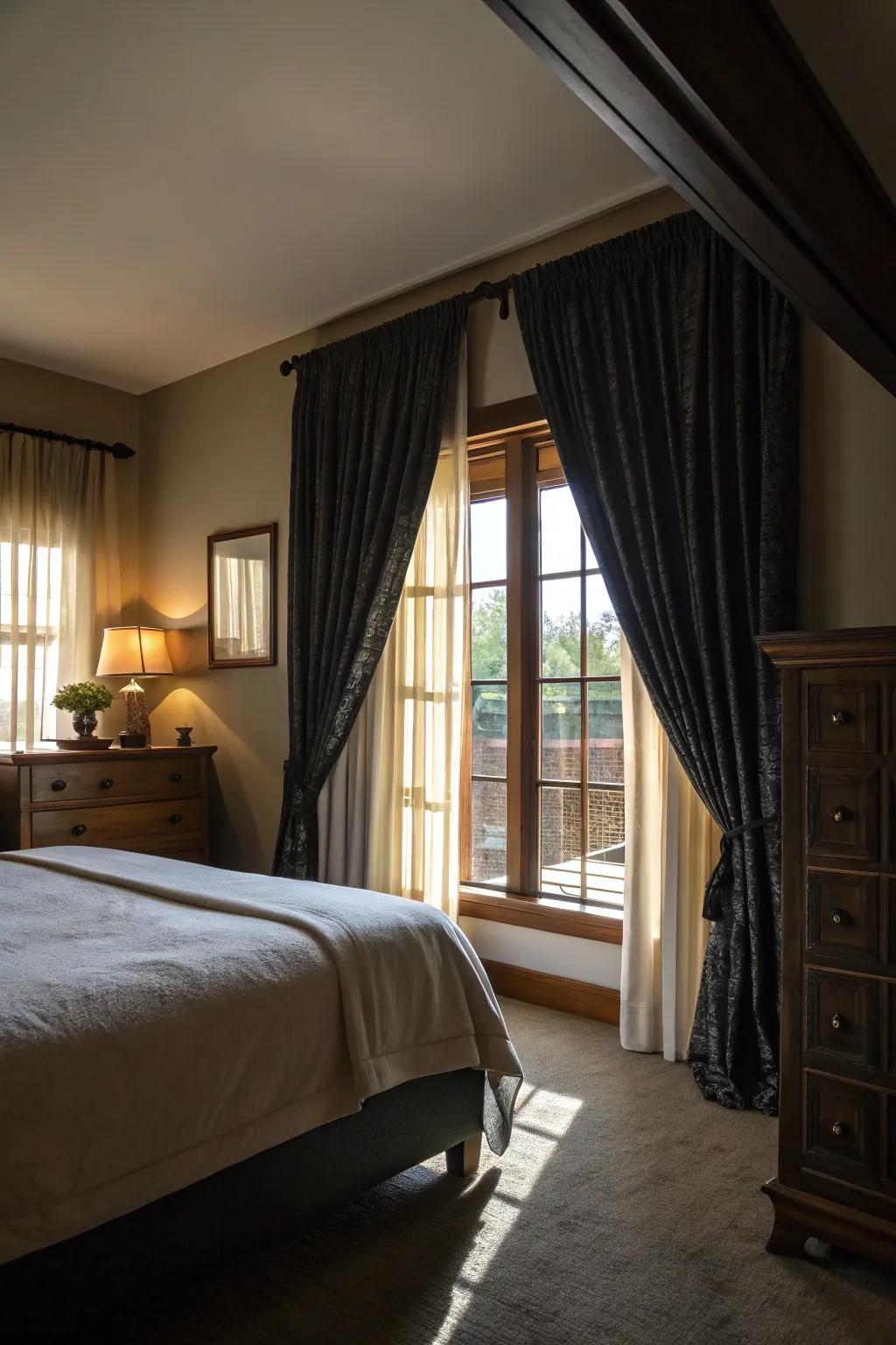 Heavy curtains amplify coziness and inject dramatic elegance.